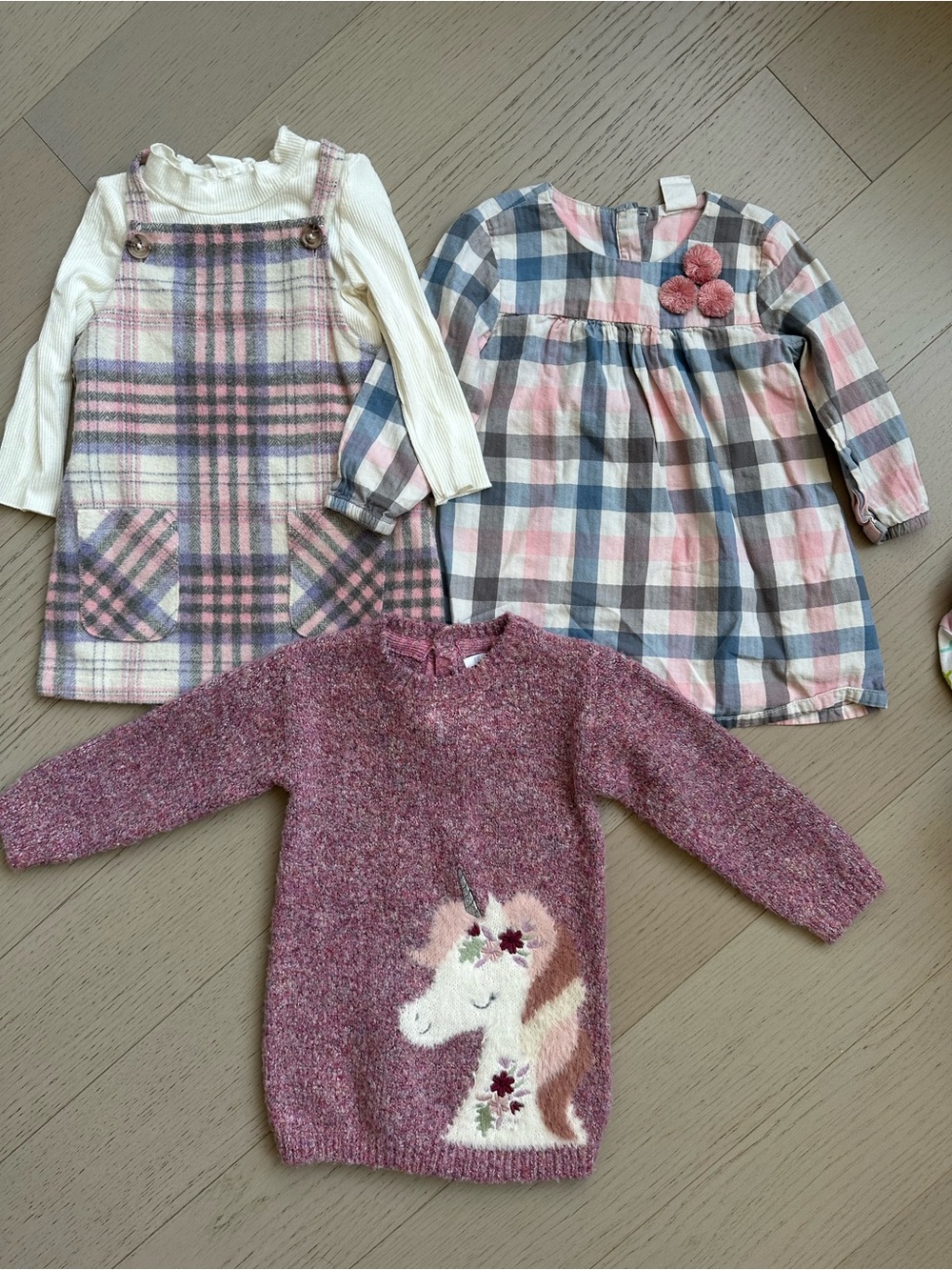 Primark Pink & Cream Plaid Dress Set with Mauve Unicorn Knit Sweater